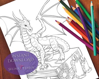 Book Dragon Winged Magic Coloring Page/Digi Stamp Fantasy Printable Download by Selina Fenech