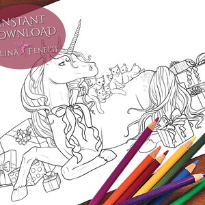 Purrfect Friends Weihnachten Festlich Magisches Einhorn Malseite/Digi Stamp Fantasy Druckbarer Download von Selina Fenech