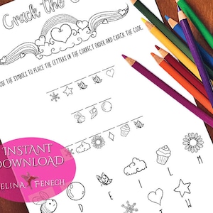 Puede incluir: Una hoja de actividad de descifrado de código imprimible en blanco y negro con un arcoíris, corazones, estrellas y otros símbolos. El texto "Crack the Code" está en la parte superior de la hoja. El texto "Use the symbols to place the letters in the correct order and crack the code." está debajo del arcoíris. El texto "Instant Download" está en un cuadro rosa en la parte inferior izquierda de la hoja. El texto "Selina Fenech" está debajo del cuadro rosa. El texto "890" está en la parte inferior derecha de la hoja.