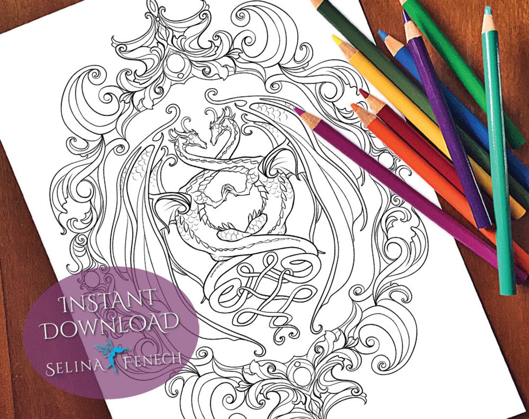Jewel Dragons Unicorns and Dragons Coloring Page/digi Stamp Fantasy ...
