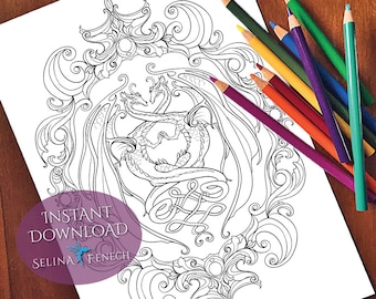 May include: A black and white line art coloring page featuring two dragons intertwined in a knot. The dragons are surrounded by intricate floral designs.
