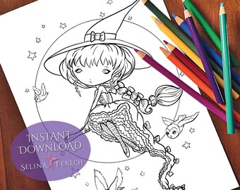 Nice Night for Flying Faedorables Cute and Creepy Coloring Page/Digi Stamp Fantasy Printable Download by Selina Fenech