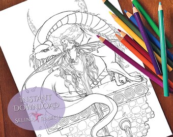 May include: A black and white line art coloring page featuring a fairy with wings and a dragon. The fairy is sitting on the dragon's back, and they are both perched on a stone fountain. The image is perfect for adults and children who enjoy coloring.