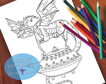 Dragon Tea Faedorables Tea Party Coloring Page/Digi Stamp Fantasy Printable Download by Selina Fenech