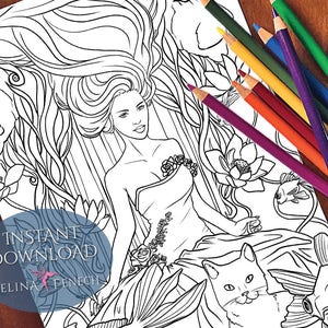 La reine des baguettes, les sirènes calme l'océan à colorier/timbre numérique Fantasy imprimable téléchargement par Selina Fenech