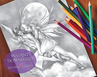 Carry Me Home Fairy Companions Grayscale Coloring Page/Digi Stamp Fantasy Printable Download by Selina Fenech