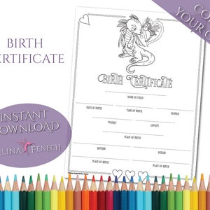Geboorteakte Baby Dragon kleurplaat Digi Stamp Fantasy afdrukbare download door Selina Fenech