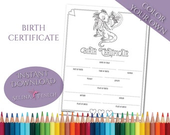 Birth Certificate Baby Dragon Coloring Page Digi Stamp Fantasy Printable Download by Selina Fenech
