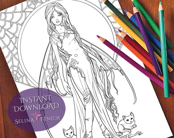 Whisper Night Magic Gothic Halloween Fairy Coloring Page Digi Etsy