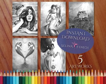 Mythical Mermaids Grayscale Coloring Page/Digi Stamp Fantasy Printable Download by Selina Fenech