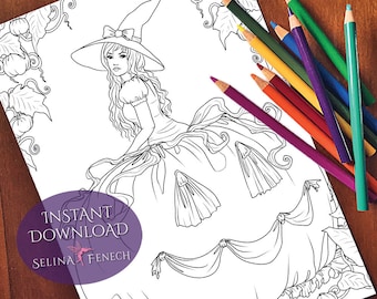 Pumpkin Princess Night Magic Coloring Page/Digi Stamp Fantasy Printable Download by Selina Fenech