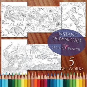 Coloriage de sirènes mythiques gracieuses/Tampon numérique fantaisie imprimable à télécharger par Selina Fenech