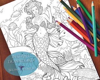 May include: A black and white coloring page featuring a mermaid with long flowing hair, a seashell bra, and a fishtail. The mermaid is surrounded by seaweed, fish, and a dolphin. The text "INSTANT DOWNLOAD SELINA FENECH" is at the bottom of the page.
