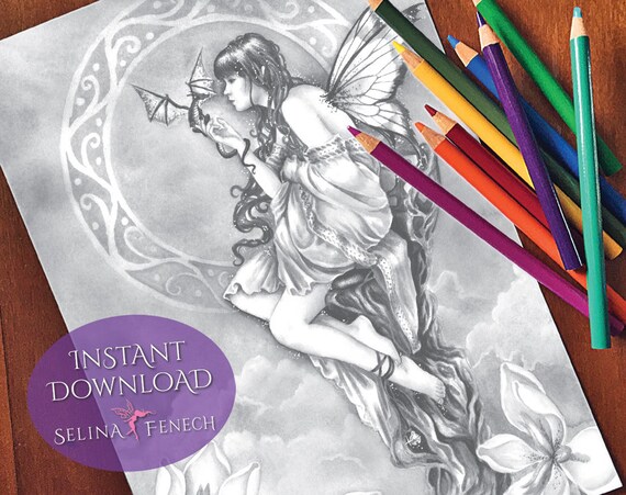 Beautiful Fairy Baby Dragon Grayscale Coloring Page Digi Stamp Etsy