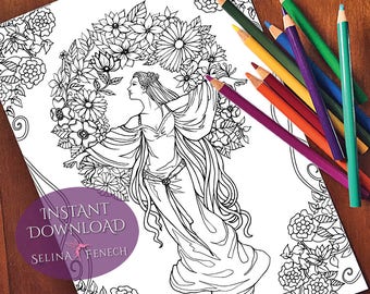 Goddess Antheia Coloring Page/Digi Stamp Fantasy Printable Download by Selina Fenech