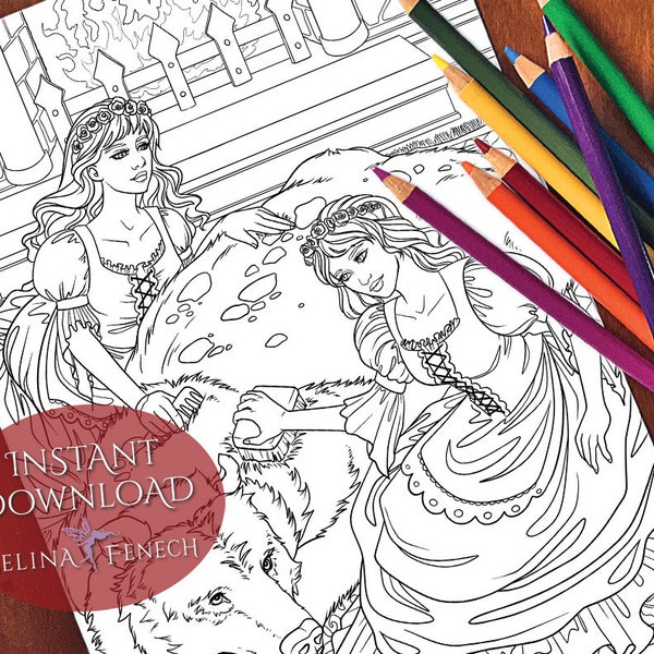 Snow White and Rose Red Fairy Tales Princesses and Fables Coloring Page/Digi Stamp Fantasy Printable Download by Selina Fenech