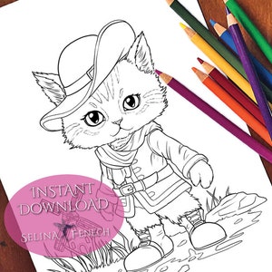 Puss in Boots Cute Fairy Tales Princesses and Fables Coloring Page/Digi Stamp Fantasy Printable Download by Selina Fenech