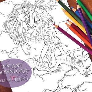 Blühende Liebe, Feen-Gefährten-Malseite/Digi-Stempel-Fantasie, druckbarer Download von Selina Fenech