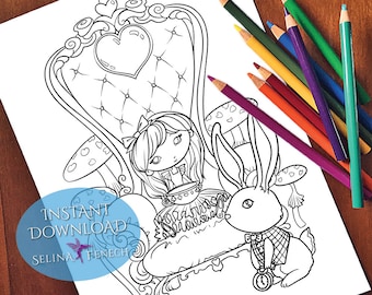 Just One More Cup Alice Faedorables Tea Party Coloring Page/Digi Stamp Fantasy Printable Download by Selina Fenech