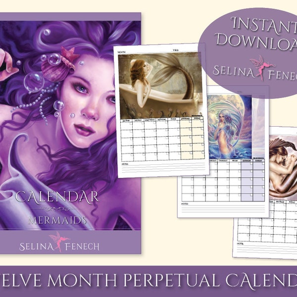 Mermaid Perpetual 12 Monate Kalender Fee Art Printable Scrapbooking Design Instant Download