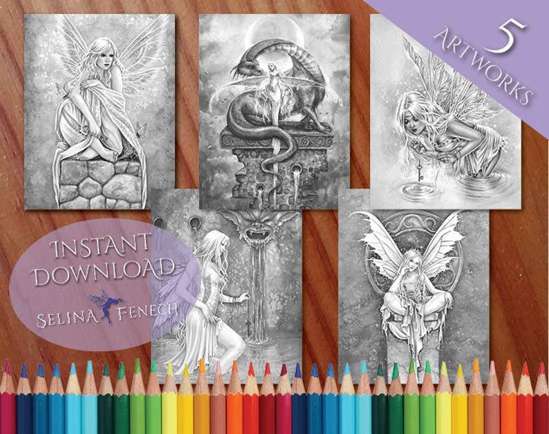 Fairies and Dragons Fairy Magic Grayscale Coloring PageDigi Stamp Fantasy Printable Download by Selina Fenech
