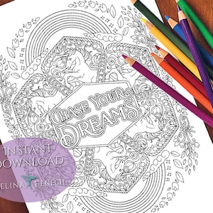 May include: Black and white colouring page featuring a whimsical design with unicorns, rainbows, and the text "Chase Your Dreams".