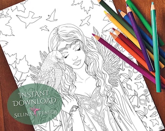 Ravenkin Enchanted Magical Forests Coloring Page/Digi Stamp Fantasy Printable Download by Selina Fenech
