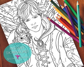 Dragon Keeper Fairy Portraits Coloring Page/Digi Stamp Fantasy Printable Download by Selina Fenech