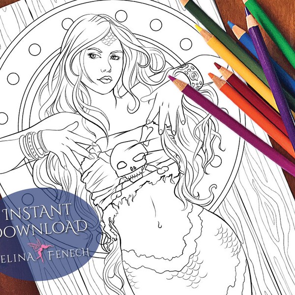 Pretty Pirate Mythical Mermaids Coloring Page/Digi Stamp Fantasy Printable Download by Selina Fenech