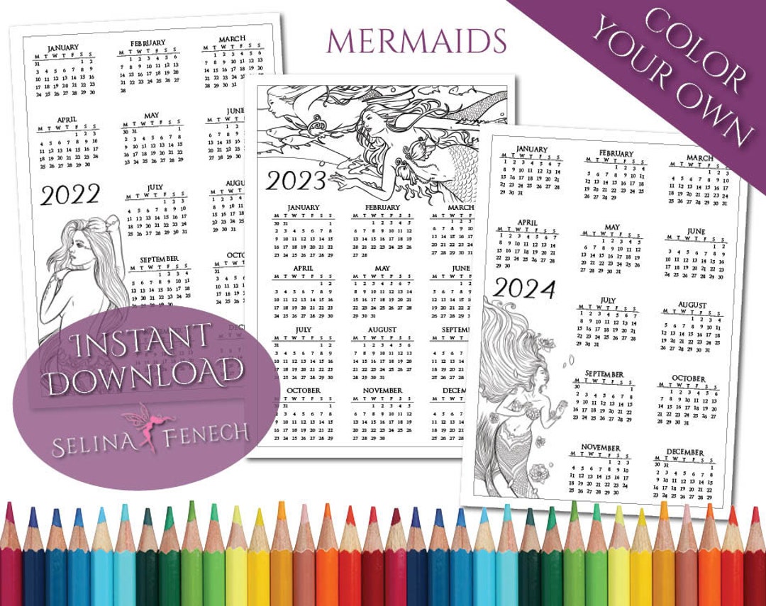 Mermaids 20222024 Calendar Coloring Page/digi Stamp Fantasy Etsy
