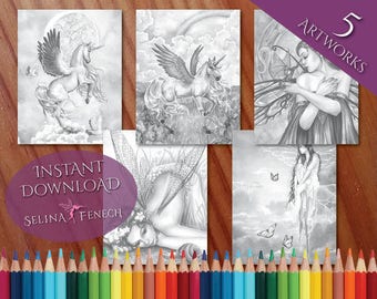 Fairy Art Grayscale Faries and Unicorns Coloring Page/Digi Stamp Fantasy Printable Download by Selina Fenech