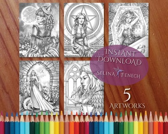 Brujas y doncellas góticas Página para colorear en escala de grises/Digi Stamp Fantasy Descarga imprimible por Selina Fenech