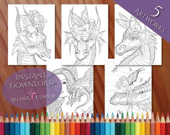 Beautiful Fairies and Dragons Coloring Page/Digi Stamp Fantasy Printable Download by Selina Fenech