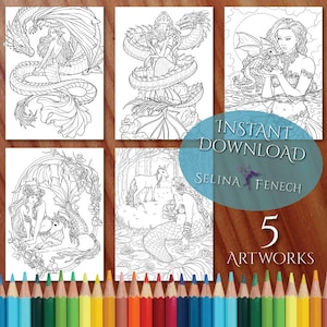 Sereias, dragões e unicórnios, sereias e companheiros animais, página para colorir / Digi Stamp Fantasy, download para impressão por Selina Fenech