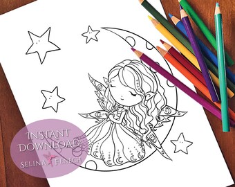 Sleepy Star Fairy Faedorables Sweet and Simple Coloring Page/Digi Stamp Fantasy Printable Download by Selina Fenech