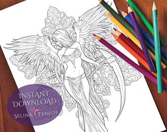 Dark Angel Night Magic Coloring Page/Digi Stamp Fantasy Printable Download by Selina Fenech