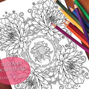 Página para colorir de lagos e flores de Koi e Lily Pad / Digi Stamp Fantasy para impressão, download por Selina Fenech
