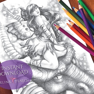 Dragon Fae Purple Fairy Companions Página para colorir em escala de cinza / Digi Stamp Fantasy para impressão Baixar por Selina Fenech