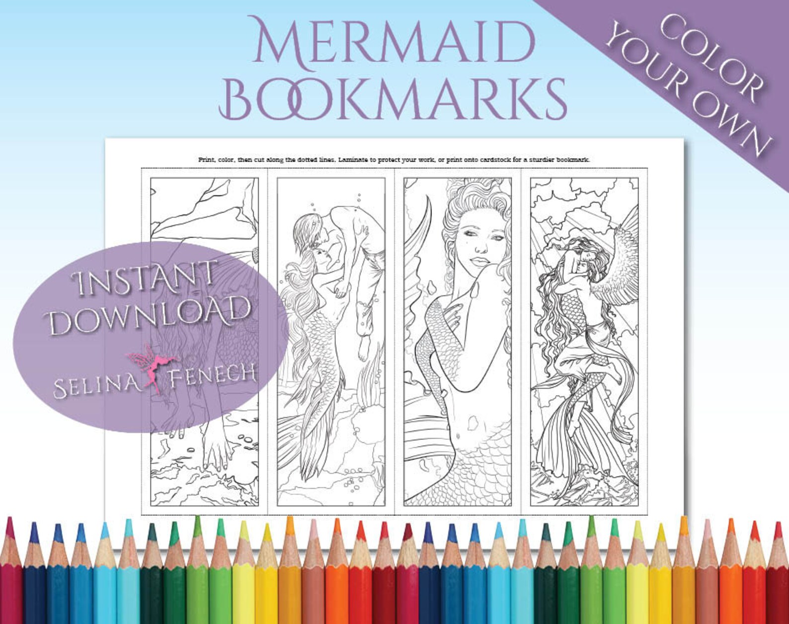 Mythical Mermaid Bookmark Coloring Page/Digi Stamp Fantasy Etsy