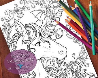 Enchanted Friends Unicorns and Dragons Coloring Page/Digi Stamp Fantasy Printable Download by Selina Fenech