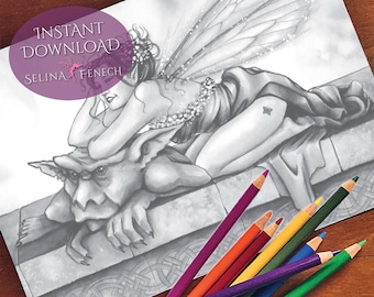 Tease Fairy Art Grayscale Coloring Page/Digi Stamp Fantasy Printable Download by Selina Fenech