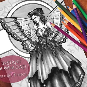 Fairy Queen Mab Festive Magic Grayscale Coloring Page/Digi Stamp Fantasy Printable Download by Selina Fenech