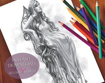 Seelie Queen Aine Memory's Wake Grayscale Coloring Page/Digi Stamp Fantasy Printable Download by Selina Fenech