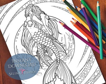 May include: A black and white line art coloring page featuring a mermaid with flowing hair and a tail. The mermaid is surrounded by bubbles and swirls.