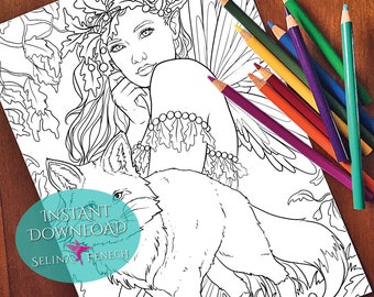 Fox Fairy Fairy Portraits Coloring Page/Digi Stamp Fantasy Printable Download by Selina Fenech