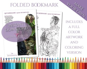 Folded Bookmark Along the Forest Path Fairy Art Coloring Page/Digi Stamp Fantasy Printable Download by Selina Fenech