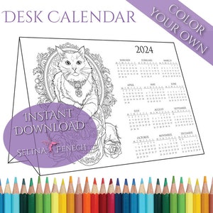 Dark Treasures Stand-up Bureaukalender 2024 Kleurplaat DIY Art Printable Scrapbooking Design Instant Download