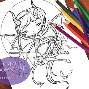 Little Devil Faedorables Cute and Creepy Coloring Page/Digi Stamp Fantasy Printable Download by Selina Fenech