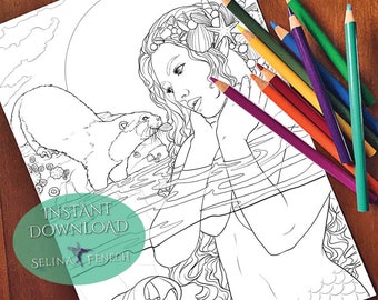 Regalos del mar Sirena Magia Fantasía Arte Página para colorear/Digi Stamp Fantasía Imprimible Descargar por Selina Fenech