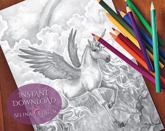 Rainbow Wings Unicorn Sisters Fairy Art Grayscale Coloring Page/Digi Stamp Fantasy Printable Download by Selina Fenech